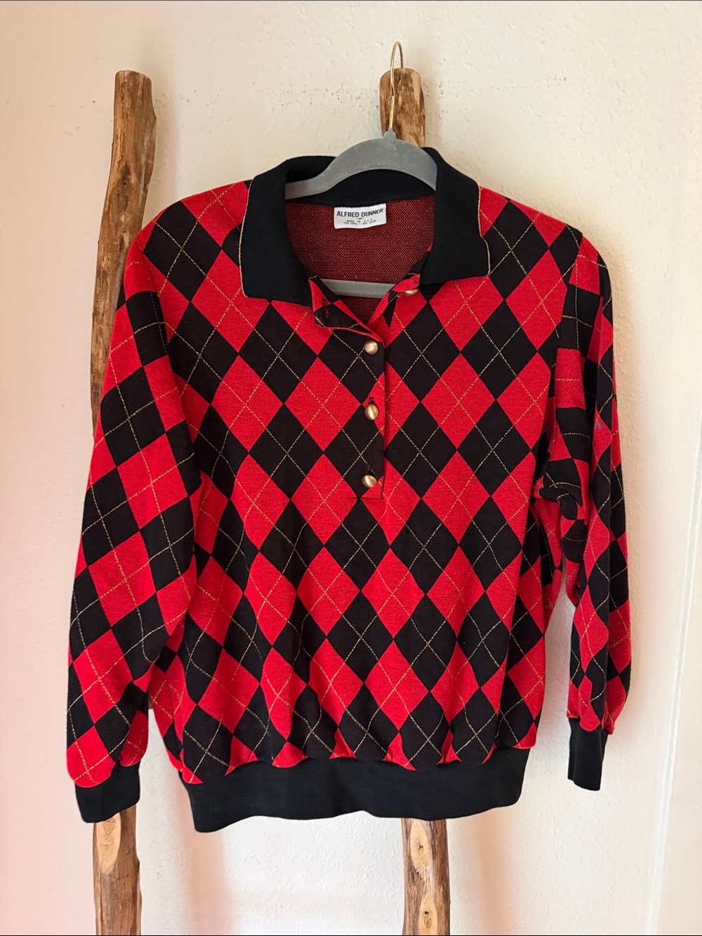 Alfred Dunner Vintage Red Black Gold Argyle Collared Button Polo Sweater Medium